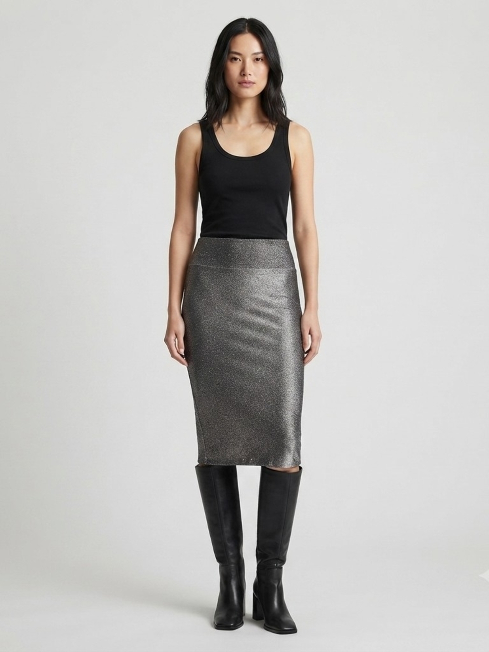 Bisou Bisou Y2K Bodycon Midi Skirt Size Medium Black Silver Sparkle Metallic